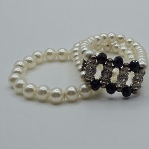 Elegant Synthetic Pearl Braclets *Lot‎ of 2* Rhinestones Beads Stretch Jewelry